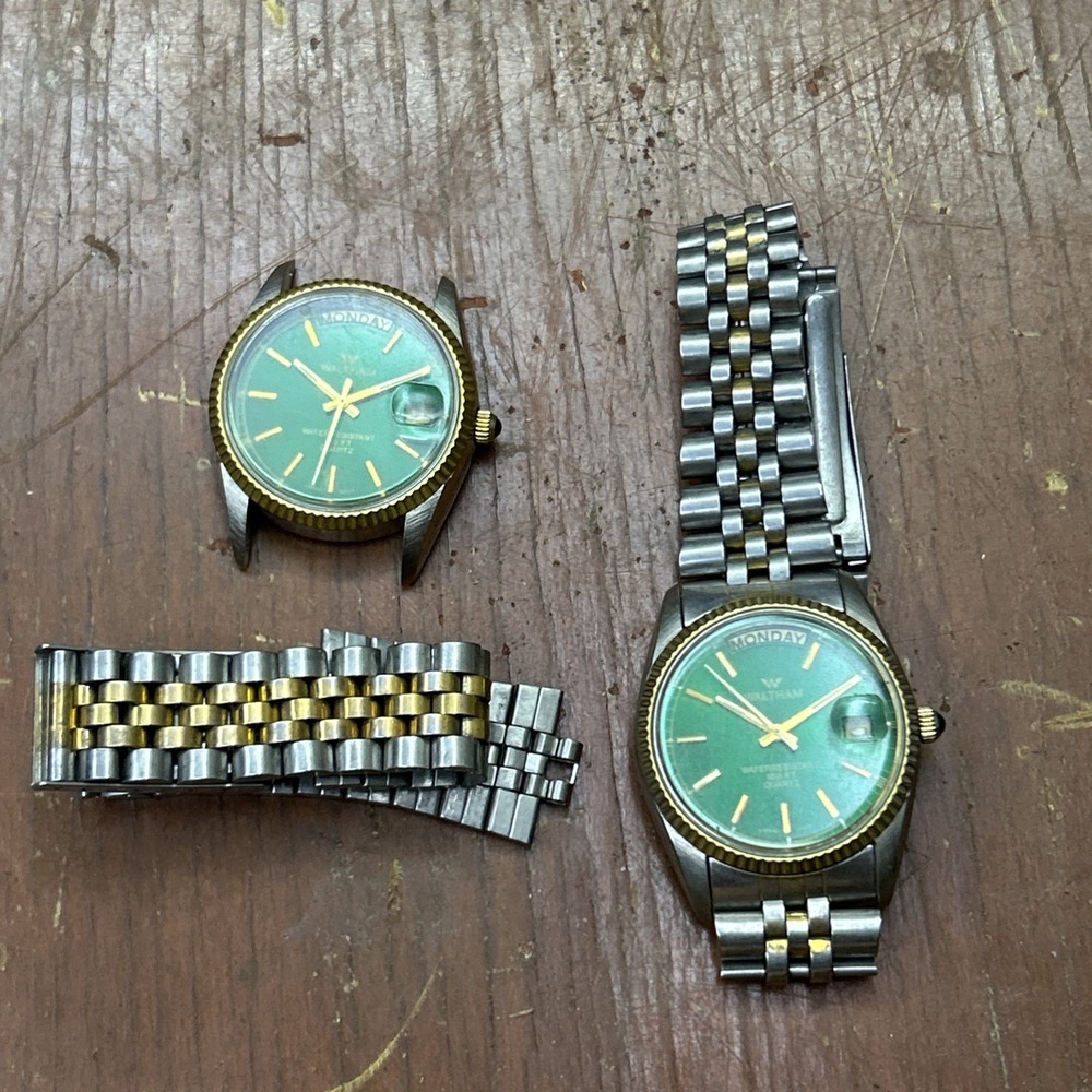 Vtg Waltham President Style Quartz Day-Date Green Vignette Dial Watch Lot x2